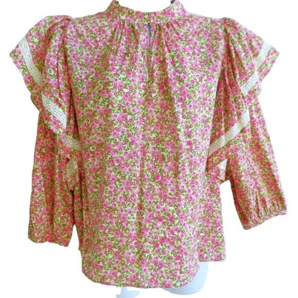 Who what wear pink floral ruffle blouse womens XL Cottage peasant feminine